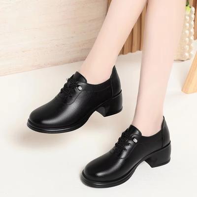 Дышащие Удобные На шнуровке Мягкие Кожаные Туфли Женские Балетки Весна 2025 Квадратный Каблук Черные Туфли с Мехом для Мамы Работа Танцы