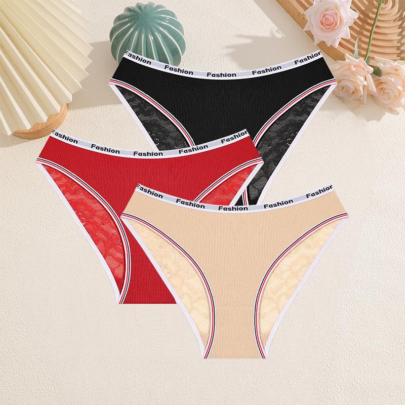 FINETOO 3Pcs Lace Hollow Out Panties Cotton Letter Print Briefs Girl Sexy Fashion Striped Solid Panty Girls' Breathable Lingerie