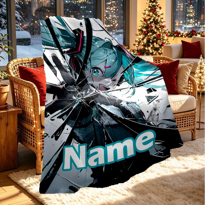 Custom Name Personalized Hatsune Miku Print Blanket, Home Decor, Bedroom, Sofa, Camping, Couch, Gifts for Birthday Christmas