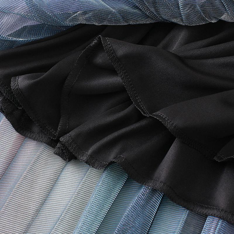 Qooth Женская тюлевая юбка трапециевидной формы с радужным градиентом, элегантная юбка трапециевидной формы из блестящей сетки с высокой талией на весну и лето QT2128