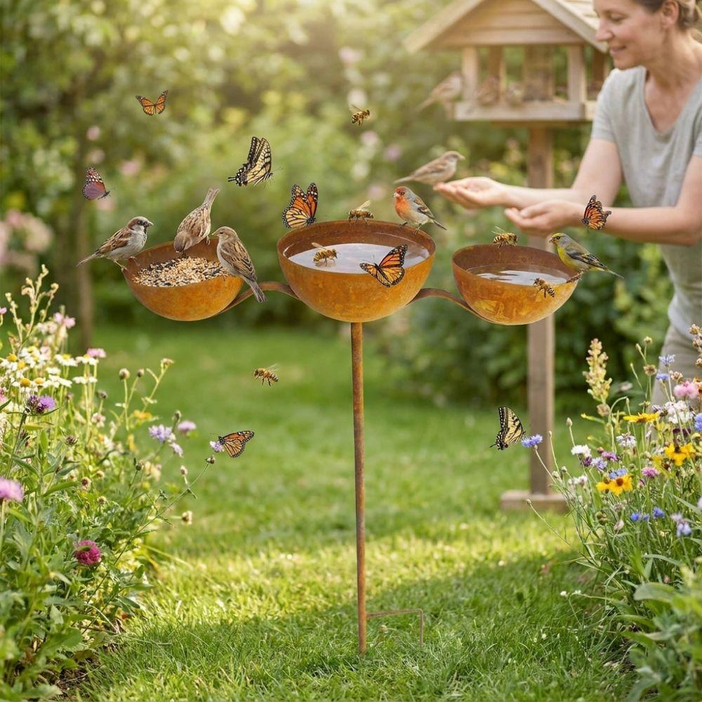 Rotatable 3-Tiered Bird Bath Metal Bird Feeding Station Freestanding Bird Water Bowls Yard
