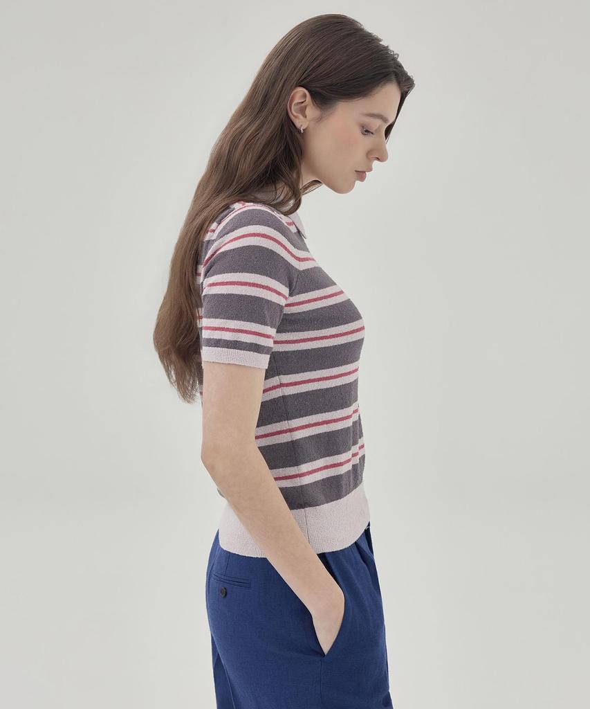THEKNITCOMPANY Campis Cotton Striped Polo Shirt - Langueid Lavender