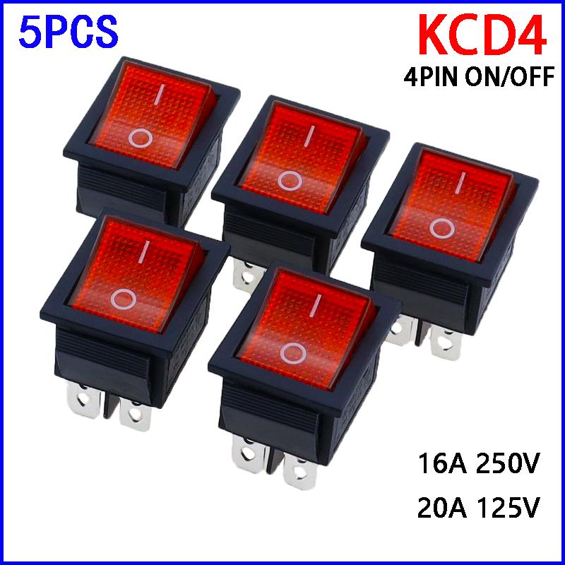 5 шт. Красный клавишный переключатель 2 положения 16А/250В KCD4-20 4 контакта Вкл/Выкл 35 x 25.5 x 10 мм