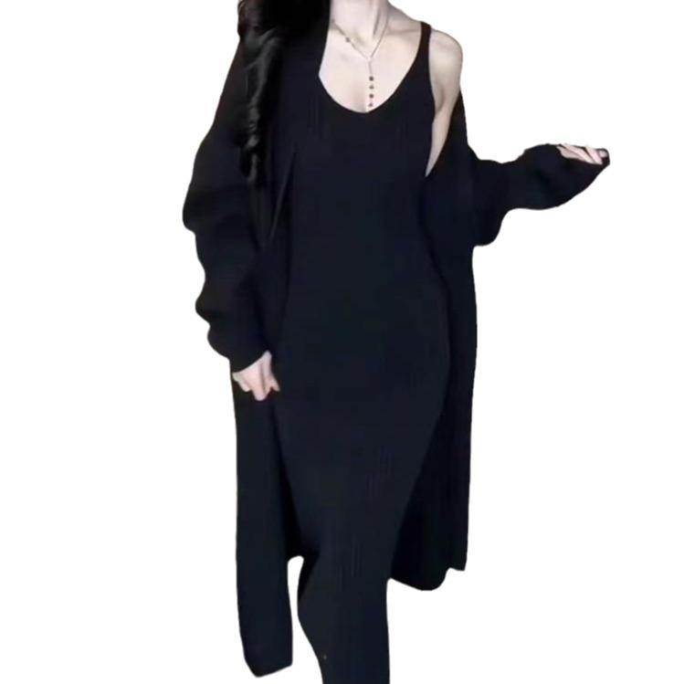2024 Women's V-Neck Long Knitted Cardigan & Strap Dress Set