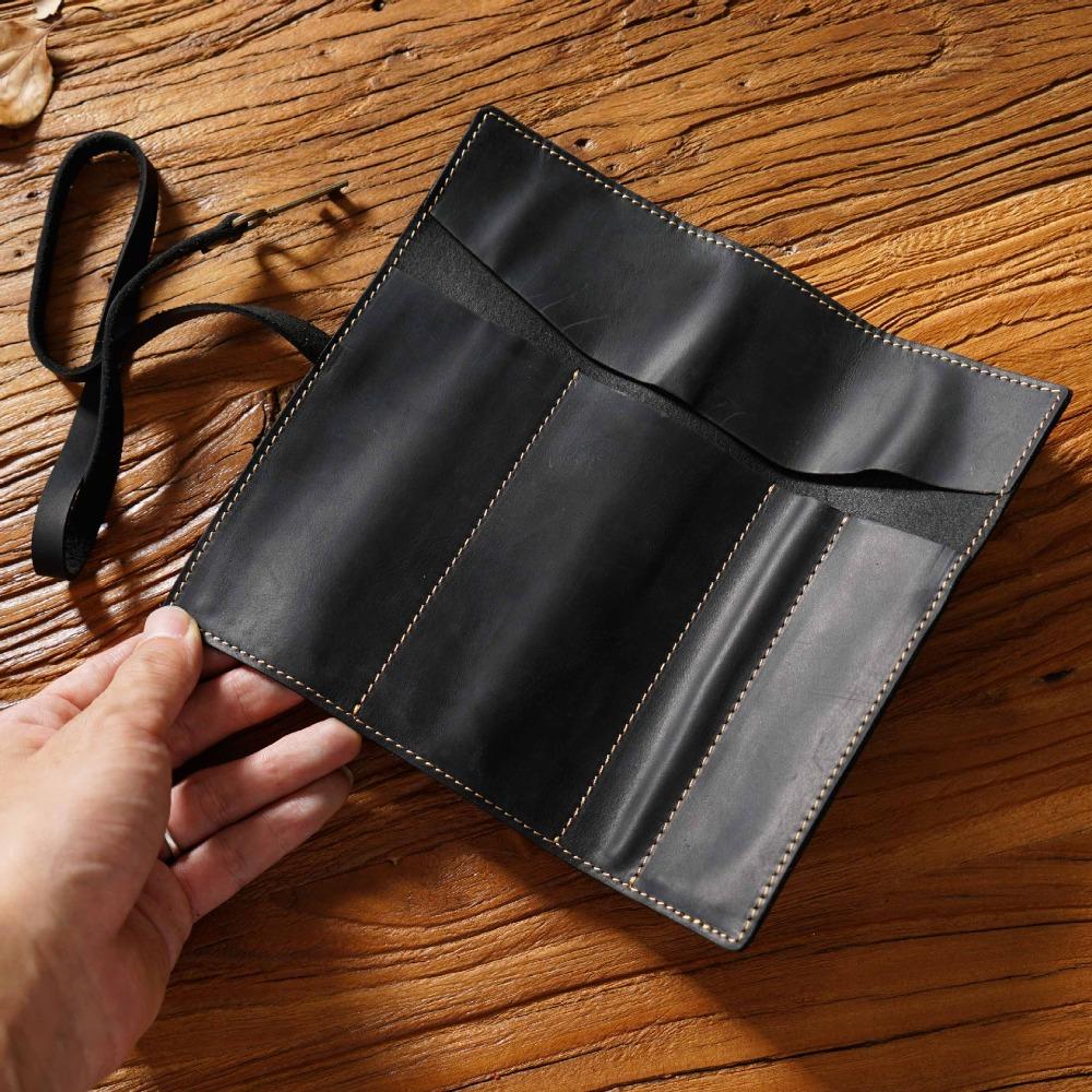 Multi-Compartment Pencil Roll Bag Cowhide Leather Vintage Cowhide Pencil Case Literary Style