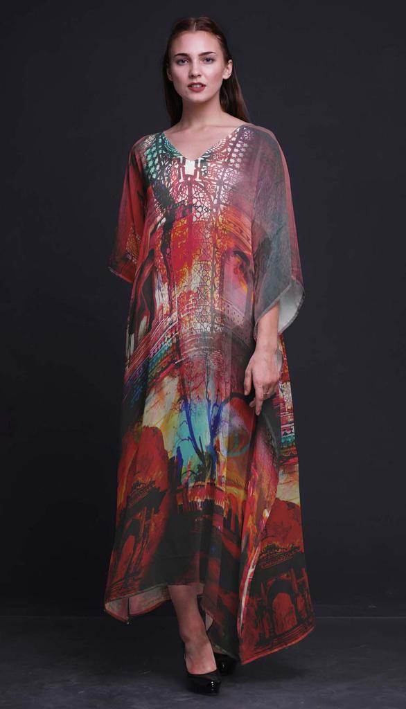 Phagun Mughal Monuments Long Caftan Maxi Dress Beach Swimwear Cover Up Womens