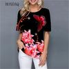 Summer Round Neck 3D Print Flower and Butterfly Pattern Top Fashionable Casual Short Sleeved Women's T-shirts