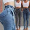 Women's High Waist Slim Fit Jeans with Elastic Tassel Belt