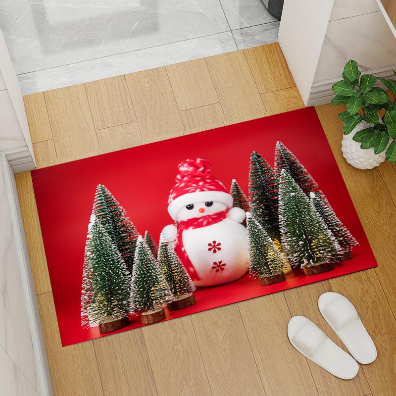 Red Coral Fleece Christmas Floor Mat with Santa Claus and Tree Design