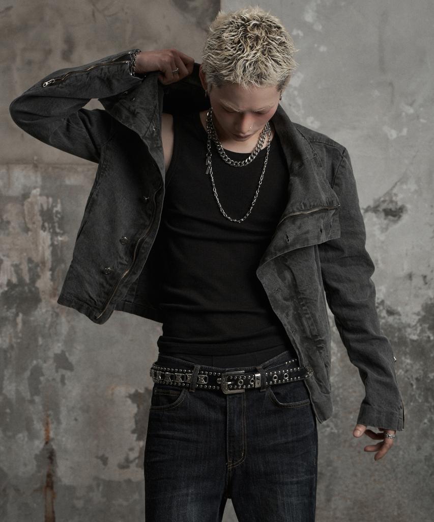 LANARCHIVE [0158] Diagonal Pigment High-Neck Jacket - Charcoal