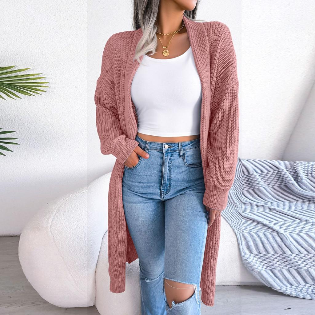 Женский длинный вязаный кардиган с открытой передней частью
