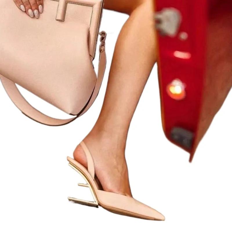 Летние туфли на необычном каблуке, женские туфли однотонного дизайна с застежкой-липучкой сзади, с острым носком, модные туфли Zapatos Para Mujere