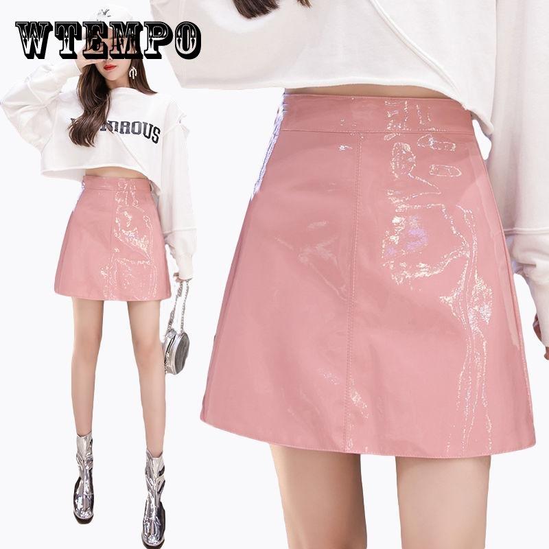 Женская сексуальная кожаная юбка из глянцевой искусственной кожи, короткая однотонная мини-юбка на молнии со средней талией, юбки-карандаш трапециевидной формы