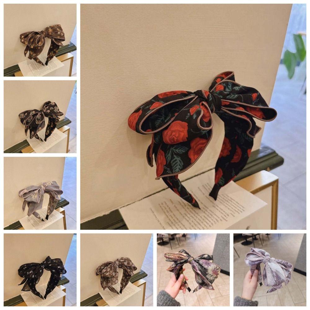 Creative Bownot Wide Hair Hoop Headwear Floral Printed Hairband Three-layer Bow Headband for Gifts