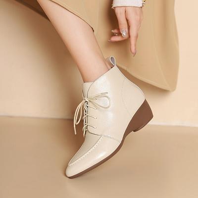 Мода НОВЫЕ Осенне-зимние Женские Ботинки Острый Носок Обувь на Танкетке Обувь из Натуральной Кожи для Женщин Ботильоны на Шнуровке Ручная Работа Современные Ботинки