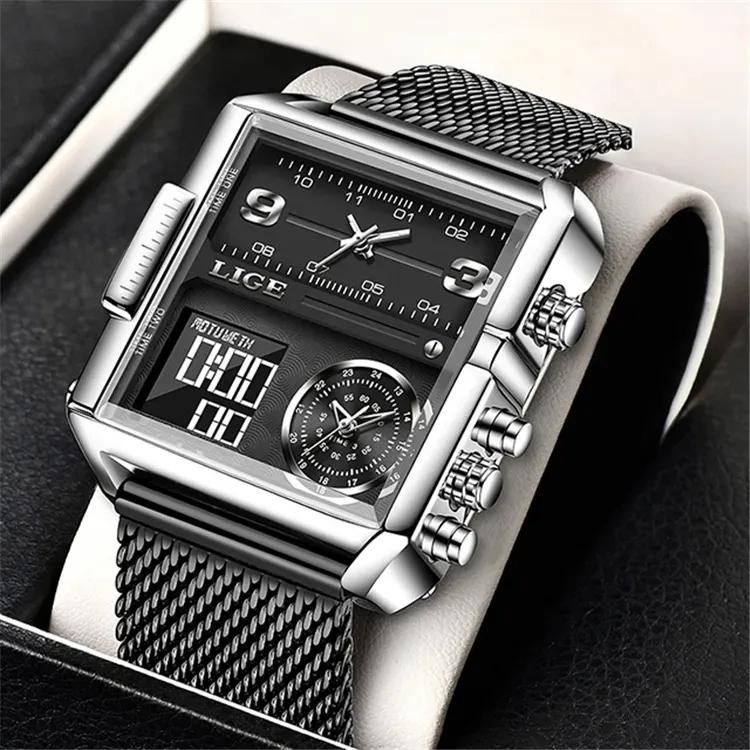 LIGE 8925 Men Quartz Watch Stainless Steel Mesh Leather Strap Dual Style Business Sport Wristwatch Luminous Waterproof Watch
