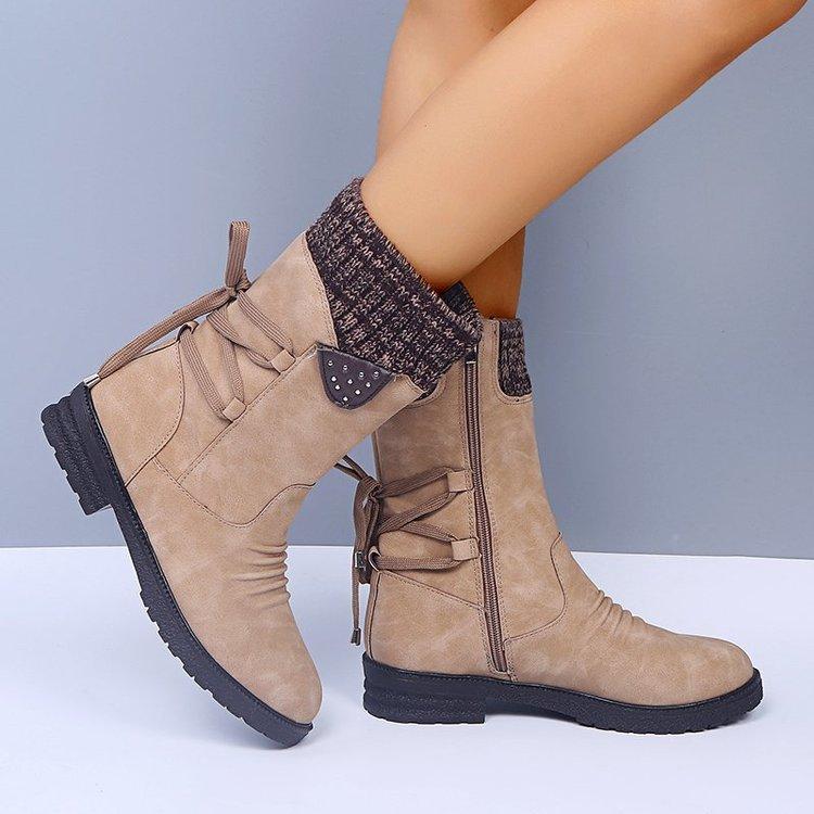 Women's Round Head Short Heel Tall Boots Side Zipper Breathable Boots