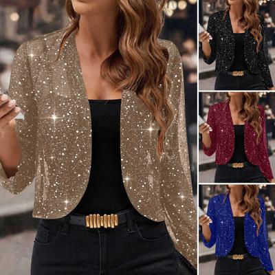 Женский блестящий кардиган-пальто с рукавом 3/4, открытый спереди, топы с пайетками, сексуальное золотое пальто с блестками, повседневный праздничный наряд для вечеринки