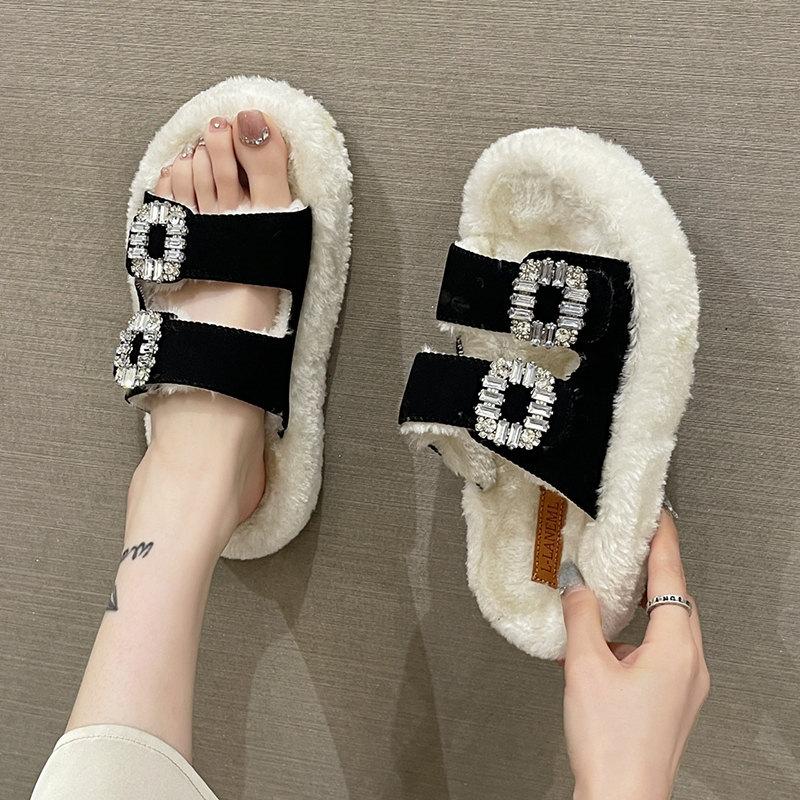 Модные пушистые тапочки для женщин, роскошные плюшевые шлепанцы с ромбовидным дизайном, женские модные домашние пушистые тапочки с открытым носком, сохраняющие тепло хлопковые туфли