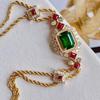 New French Inlaid Simulation Colored Gemstone Bracelet with Double-layer Chain Plated with 18K Gold Pigeon Blood Ruby Green Diamond Bracelet