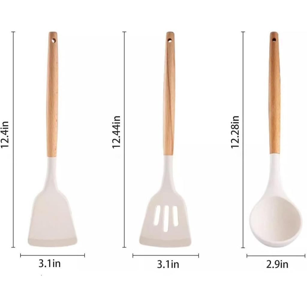 Non-Stick Silicone Cooking Utensils Set, 3 Pcs With Wooden Handle, Silicone Kitchen Gadgets (Cream, 3)