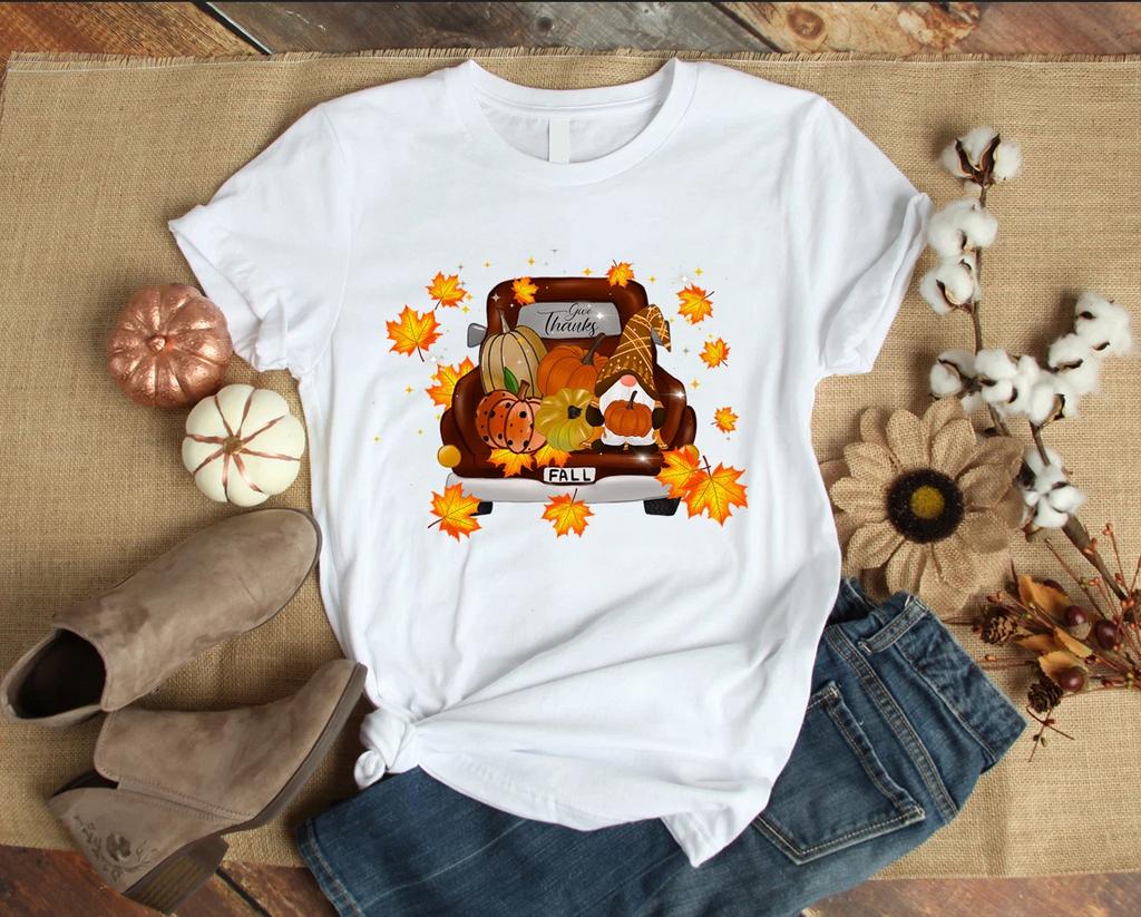 Men's and Women's T-shirts Fall Gnome Truck Thankfull Autumn Leaves Fall Pumpkin Gnome