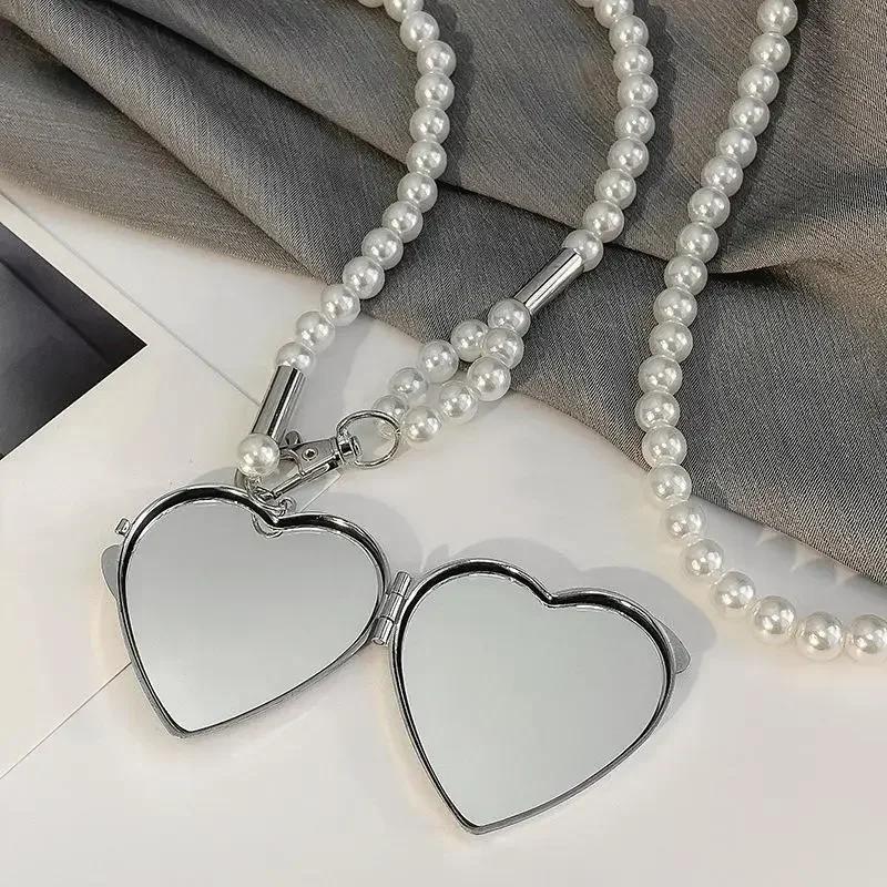 Fashion Long Necklace with Big Mirror Heart Pendant Women Pearl Shoudler Chain Personality Jewelry Wedding Party Accessories KTJ