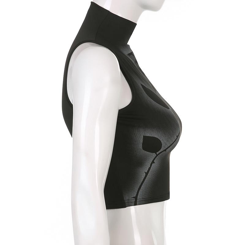 Черный укороченный топ с принтом розы, летняя готическая одежда Y2k, укороченный корсет, эстетичная водолазка без рукавов, белые майки с графическим рисунком