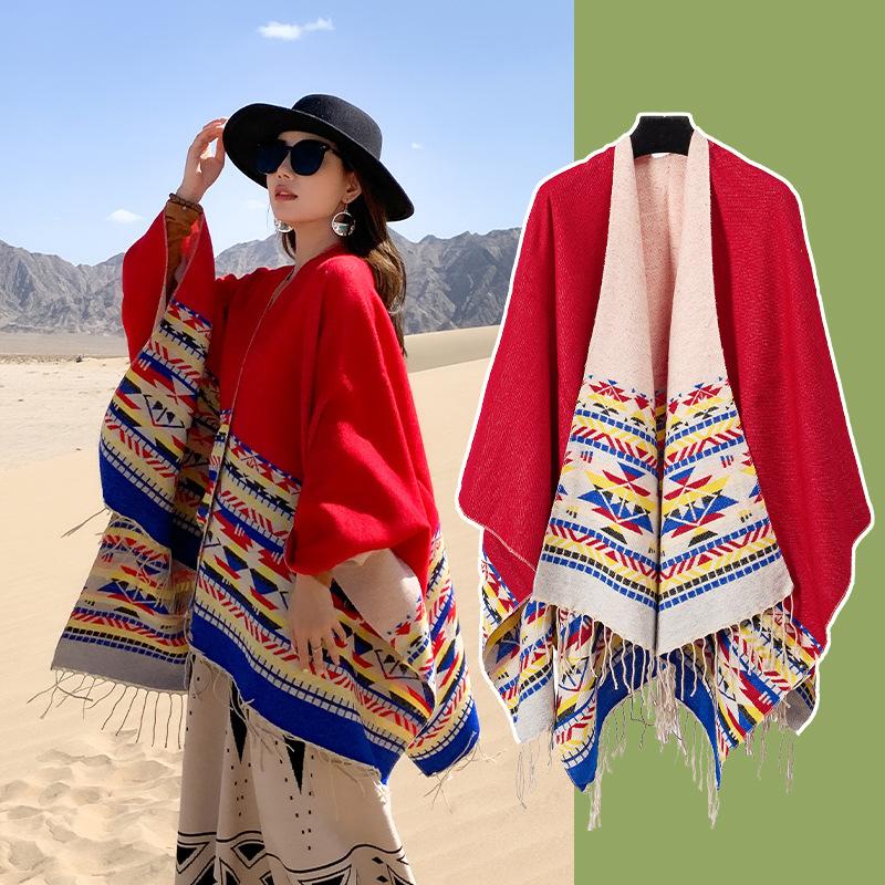 Tourism Ethnic Style Fringed Knitted Shawl Travel Photo Scarf Cape Northwest Prairie Cape Women
