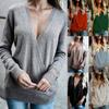 Women's Knitted Deep V-Neck Long Sleeve Wrap Front Loose Sweater Pullover Jumper