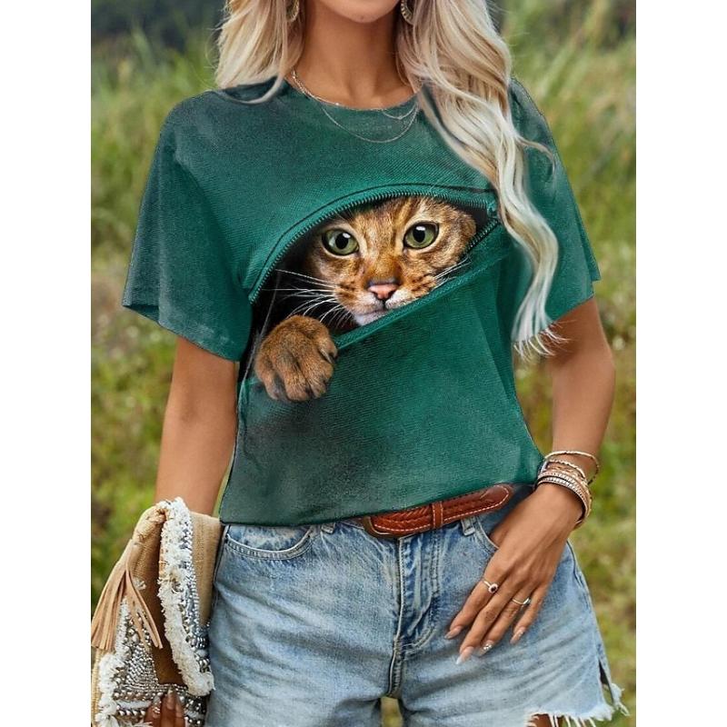 Funny 3D Cartoon Cat Print Women's T-Shirts Casual O-neck Short Sleeve Top Fashion Kawaii Animal Pattern Blouse Summer Loose Tee