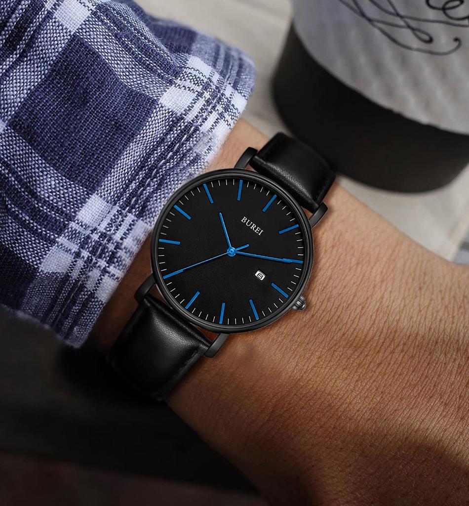 Простые стильные брендовые популярные ультратонкие легкие аналоговые часы деловые водонепроницаемые кварцевые наручные часы [BUREI] мужские