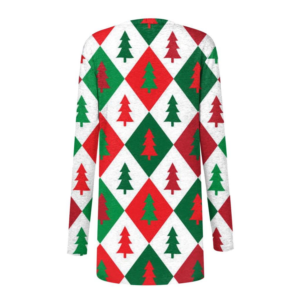 Women's Fashion Casual Christmas Print Medium Length Cardigan Jacket Coat