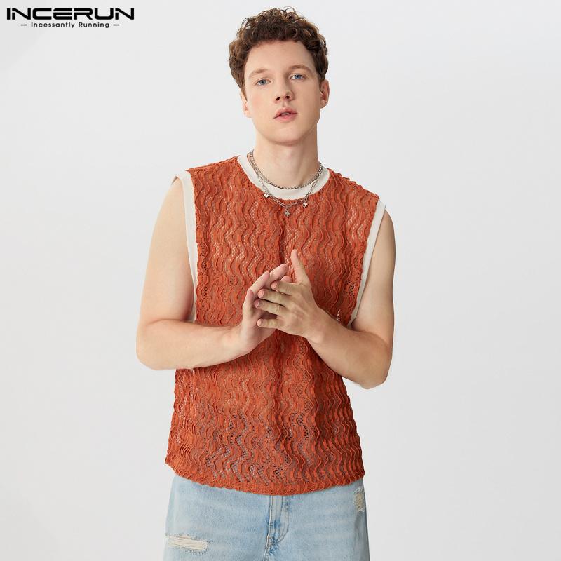 INCERUN Мужские сетчатые майки без рукавов с кружевным лоскутным узором, летний жилет