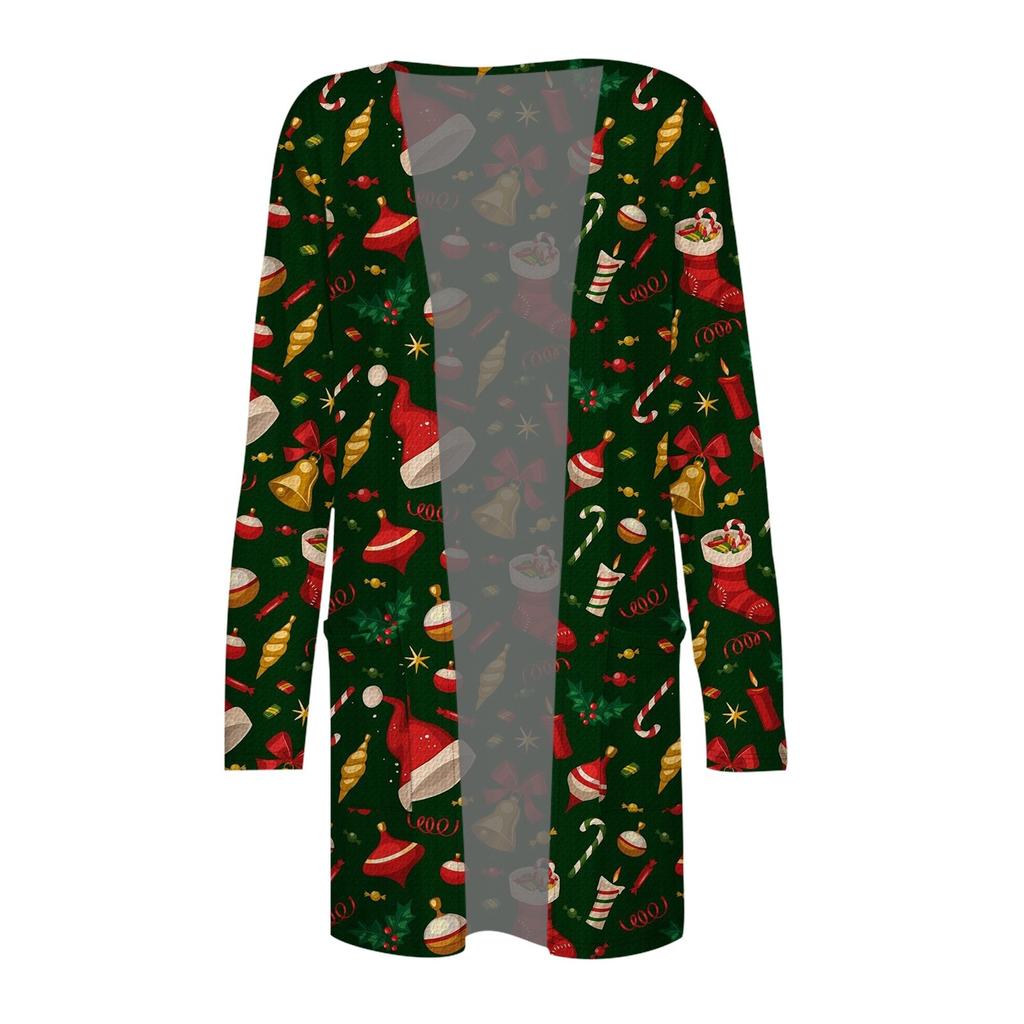 Women's Fashion Casual Christmas Print Medium Length Cardigan Jacket Coat