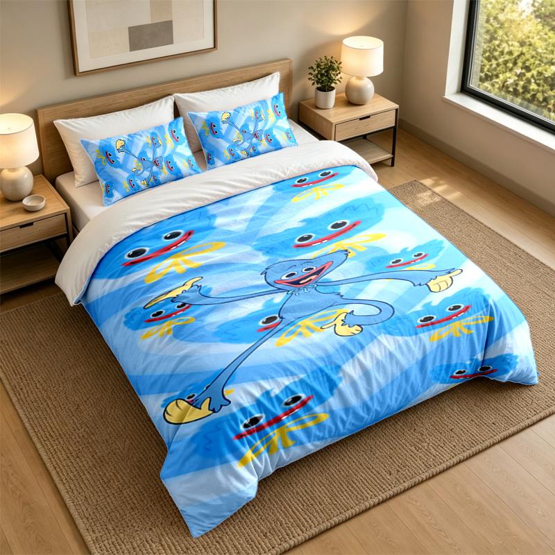 Soft Bedding Set Huggy Wuggy Pattern, 1 Duvet Cover plus 2 Pillowcases Stylish Bedroom Home Textile