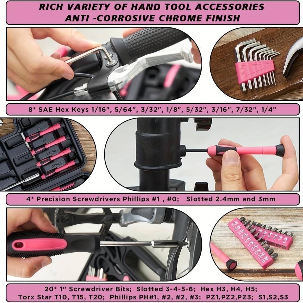 Набор инструментов розового цвета из 39 предметов, включая отвертку, канцелярский нож, ножницы, подходит для ремонта дома, в гараже, в саду