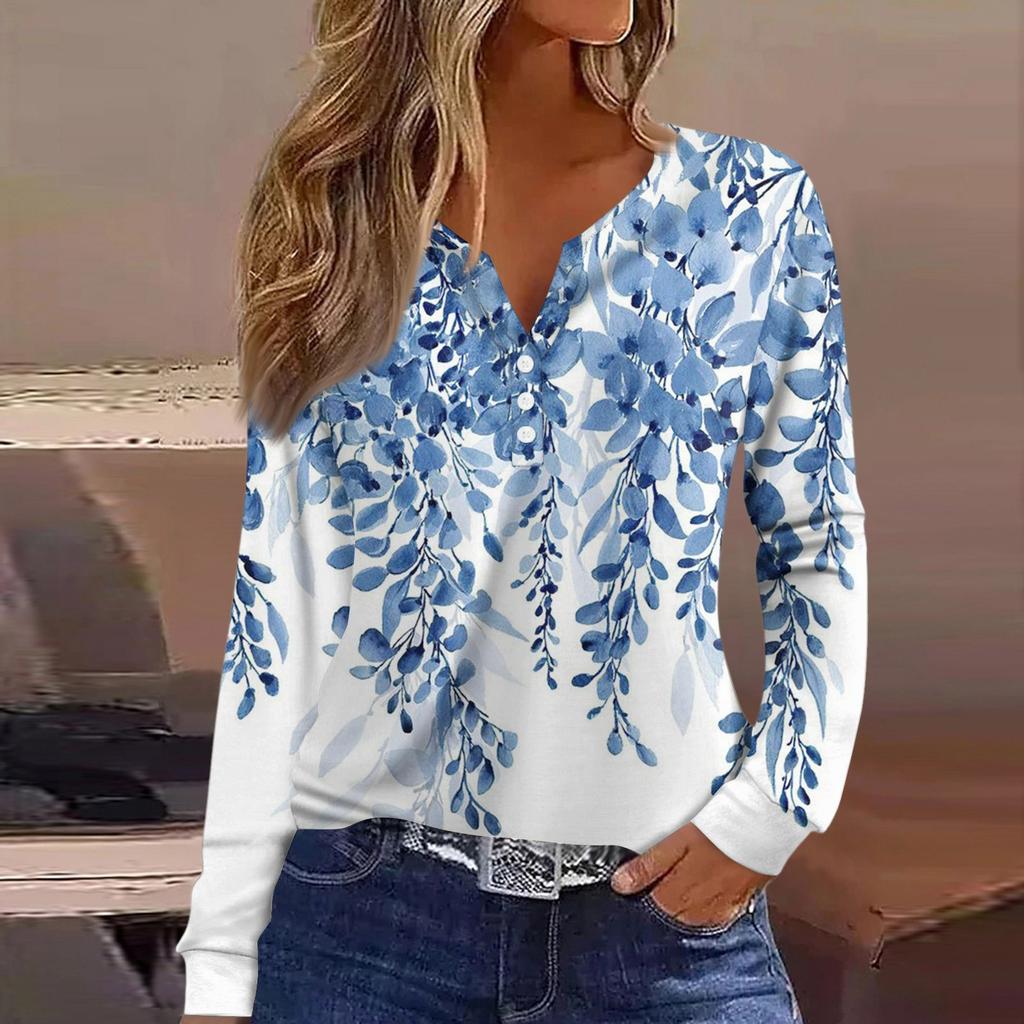 Women's T Shirt Tee Button Long Sleeve Daily Weekend Fashion Basic V- Neck Regular Top