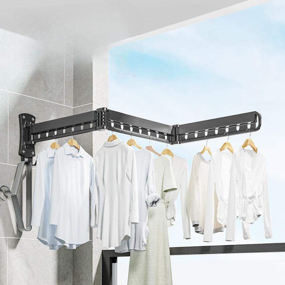 Wall Mounted Folding Clothes Rack Balcony Folding Cloth Hangers Without Punching Household Telescopic Pole Clothes Drying Rods
