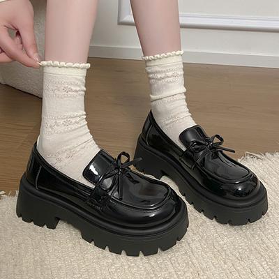 Мода 2025 Туфли-лоферы на платформе с бантом Женская модная обувь на высоком каблуке Jk из ПУ кожи Женские корейские туфли-слипоны на толстой подошве