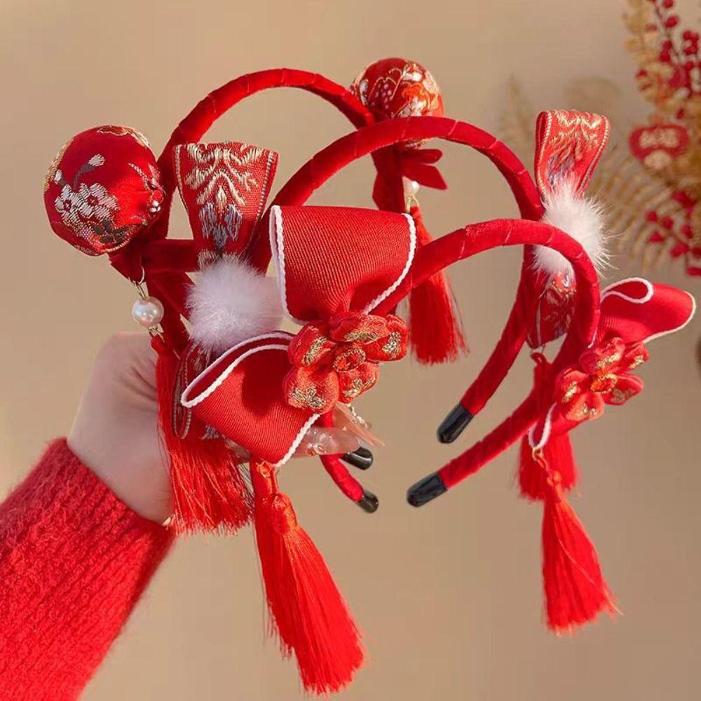 Tassel Hanfu Hair Bun Hair Hoop Plush Ball Red Hairband Sweet Children Headband  Baby