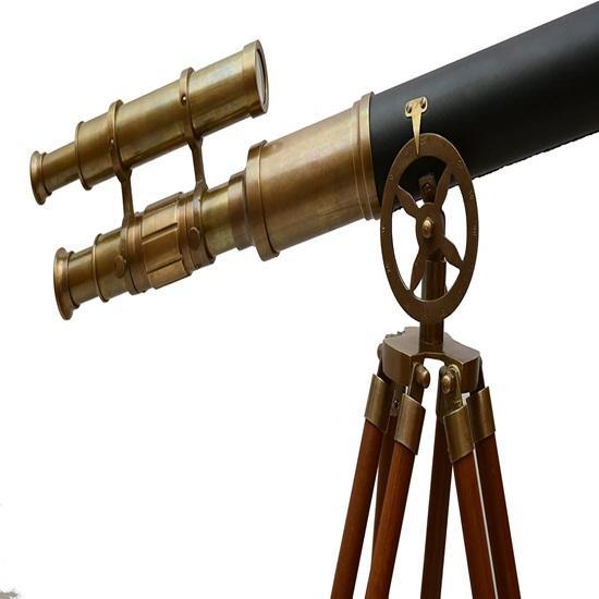 Nautical Marine Designer Brass Telescope  Finish Double Barrel Black Leather Wooden Brown Tripod Floor Standing Royal Handmade Telescope