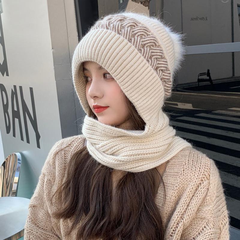 Winter Warm Hat Scarf Set Women Lady Plush Pompom Crochet Wool Knit Pullover Cap Outdoor Thick Windproof Warmer Hat Scarves