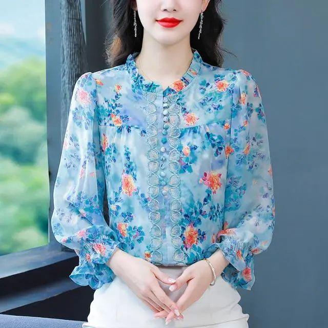 Модная шифоновая рубашка с принтом и рукавами-фонариками, свободный топ