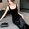 Summer Women Evening Dress Sleeveless Slim Fit Backless Pure Color Split Hem Velvet U-shaped Neck Prom Cocktail Party Midi Dress