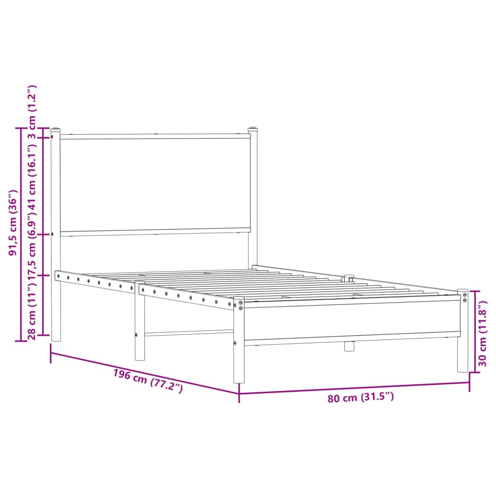Metal Bed Frame without Mattress Brown Oak Effect 75 x 190 cm