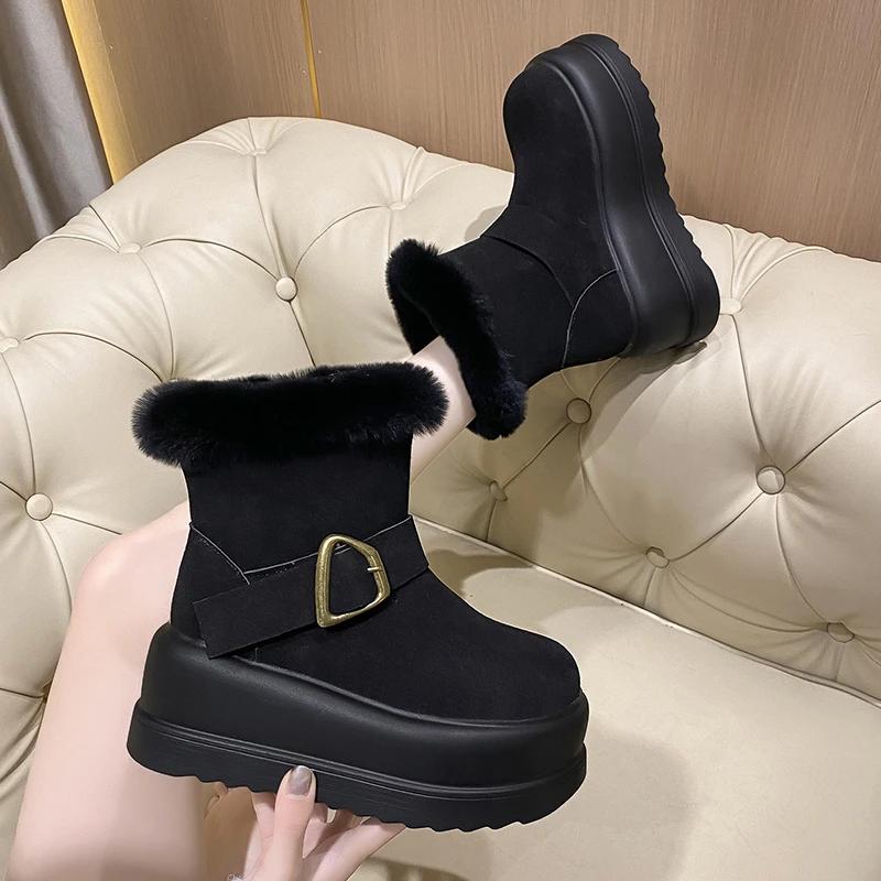 Мода 8 см Новые Женские Теплые Плюшевые Снежные Ботинки Нескользящие Зимние Ботинки Замшевая Кожа Массивные Кроссовки Толстый Мех Высокая Платформа Ботильоны