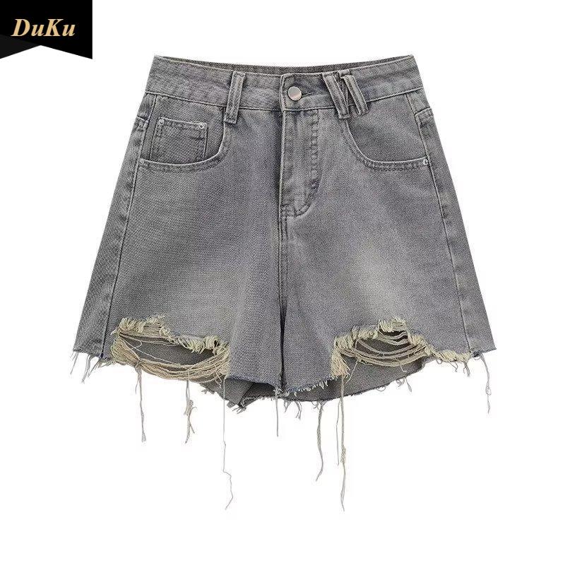 Ripped Denim Shorts Women's Summer Vintage High-waisted Slimming Design Wide-leg Pants