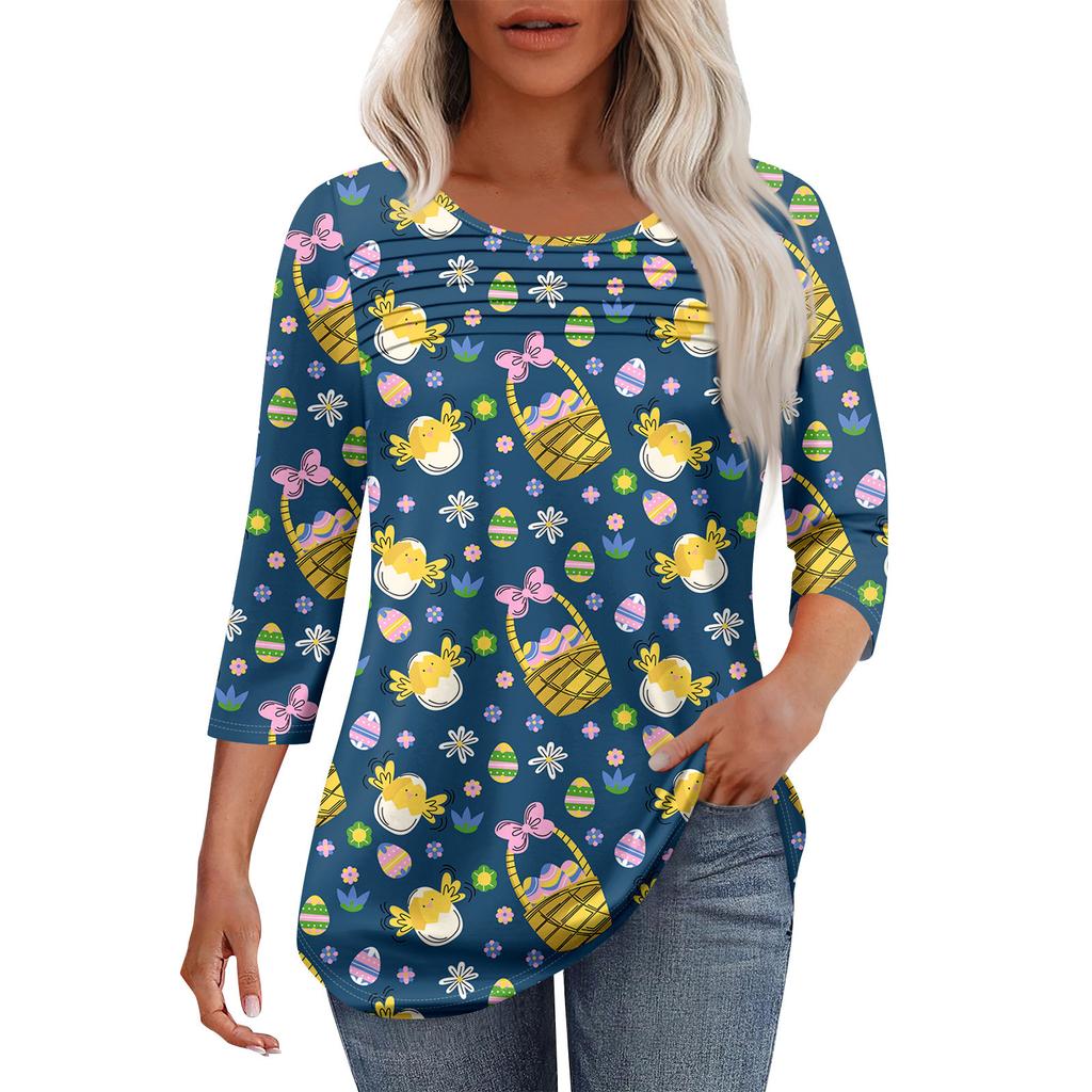 Женская мода круглый вырез шея плиссированная передняя планка с принтом рукав 3/4 топ