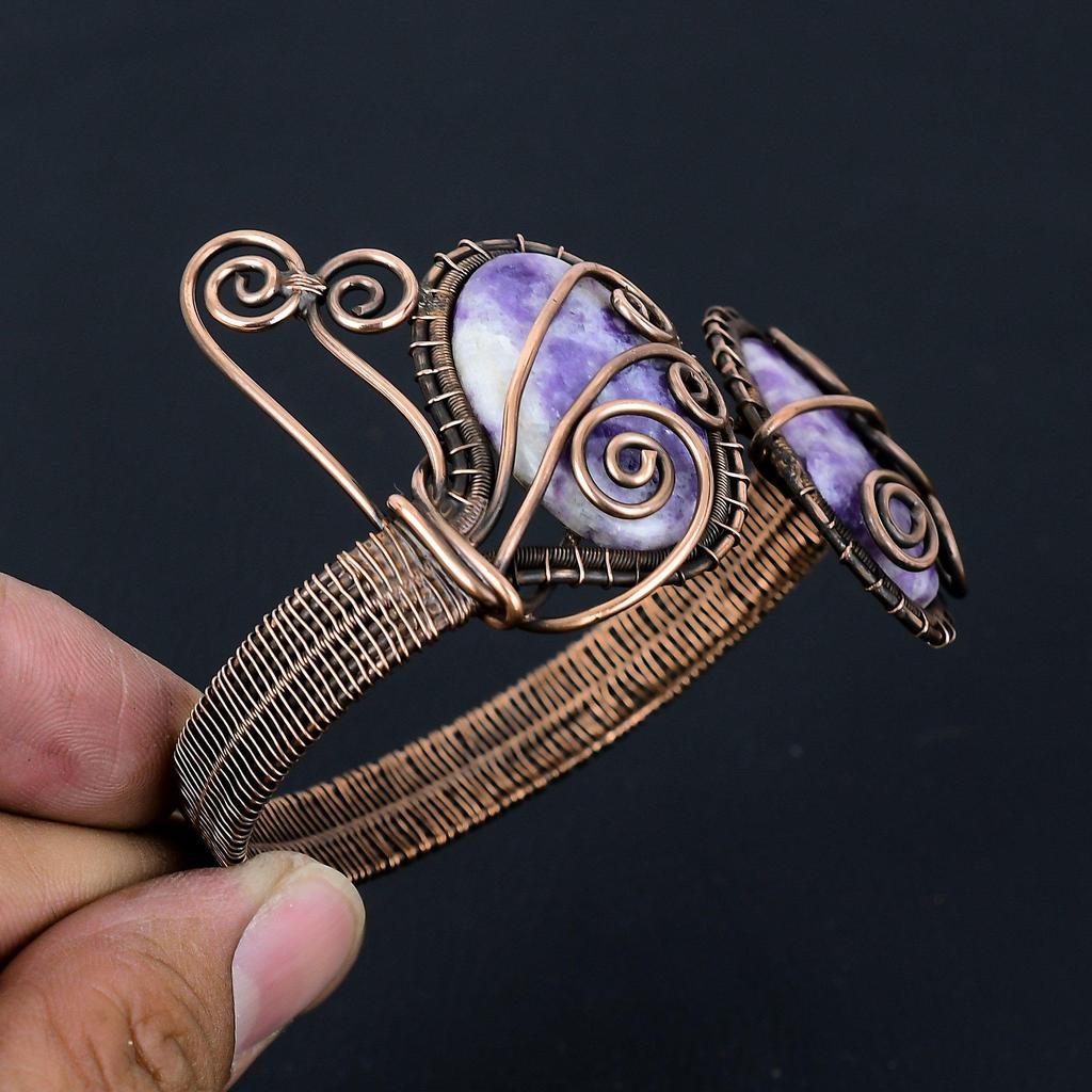 Шеврон Аметист Драгоценный камень Чистая медная проволока Обернутая манжета/браслет ручной работы Ювелирный подарок